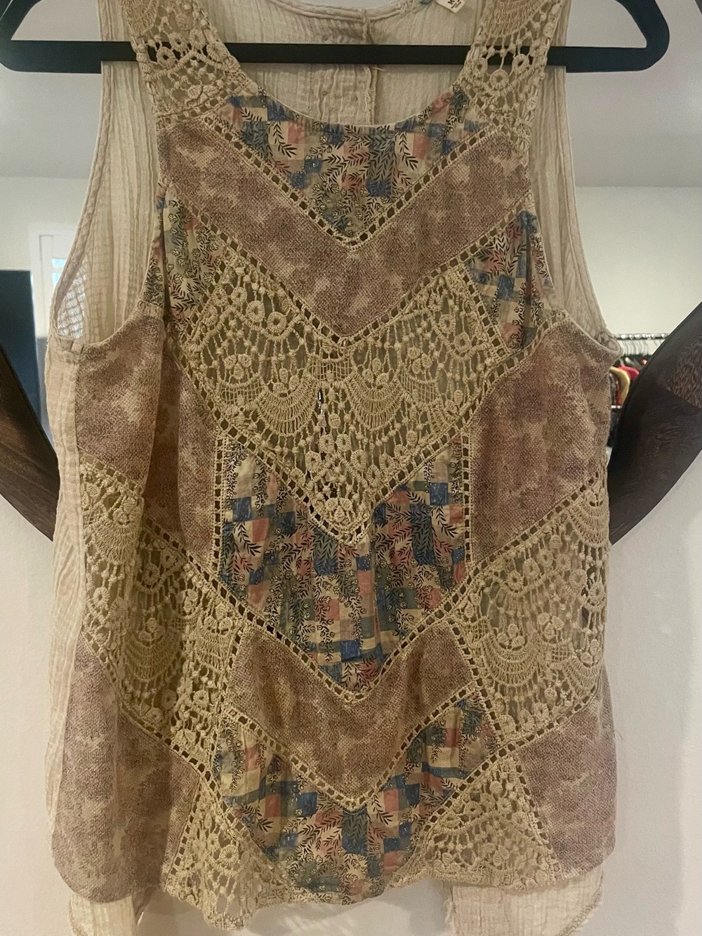 BKE Beige Crochet Panel Sleeveless Camisole with Patchwork Accents